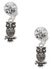 Silver Plated Antiqued Owl with Clear Crystal Eyes - Crystal Clip on Earrings: Color Choice - Red, Green, Blue, Purple, Pink, Clear, Black