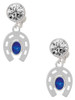 Silver Plated Horseshoe with Oval Blue Crystal - Crystal Clip on Earrings: Color Choice - Red, Green, Blue, Purple, Pink, Clear, Black