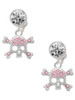 Silver Plated Skull and Crossbones with Pink Crystals - Crystal Clip on Earrings: Color Choice - Red, Green, Blue, Purple, Pink, Clear, Black