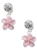 Silver Plated Pink Plumeria Flower - Crystal Clip on Earrings: Color Choice - Red, Green, Blue, Purple, Pink, Clear, Black