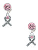 Silver Plated Scroll Ribbon with Pink Crystal - Crystal Clip on Earrings