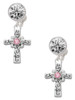 Silver Plated Scroll Cross with Pink Crystal - Crystal Clip on Earrings: Color Choice - Red, Green, Blue, Purple, Pink, Clear, Black