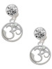 Silver Plated Om in Circle with Clear Crystal - Crystal Clip on Earrings: Color Choice - Red, Green, Blue, Purple, Pink, Clear, Black