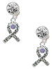 Silver Plated Scroll Ribbon with Lavender Crystal - Crystal Clip on Earrings: Color Choice - Red, Green, Blue, Purple, Pink, Clear, Black