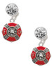 Silver Plated Red Enamel Fire Department Medallion - Crystal Clip on Earrings: Color Choice - Red, Green, Blue, Purple, Pink, Clear, Black