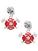 Silver Plated Red Fire Department Shield with Axes - Crystal Clip on Earrings: Color Choice - Red, Green, Blue, Purple, Pink, Clear, Black