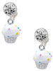 Silver Plated 3-D White Cupcake with Sprinkles - Crystal Clip on Earrings: Color Choice - Red, Green, Blue, Purple, Pink, Clear, Black