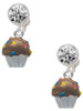 Silver Plated 3-D Chocolate Cupcake with Sprinkles - Crystal Clip on Earrings