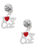 Silver Plated I Heart My Cat - Crystal Clip on Earrings: Color Choice - Red, Green, Blue, Purple, Pink, Clear, Black