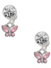 Silver Plated Mini Butterfly with Pink Wings & Crystals - Crystal Clip on Earrings: Color Choice - Red, Green, Blue, Purple, Pink, Clear, Black