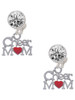 Silver Plated Cheer Mom with Red Heart - Crystal Clip on Earrings: Color Choice - Red, Green, Blue, Purple, Pink, Clear, Black