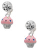 Silver Plated Small Pink Cupcake with Crystal Sprinkles - Crystal Clip on Earrings: Color Choice - Red, Green, Blue, Purple, Pink, Clear, Black