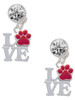 Silver Plated Love with Red Paw - Crystal Clip on Earrings: Color Choice - Red, Green, Blue, Purple, Pink, Clear, Black