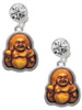 Resin Laughing Buddha in Frame - Crystal Clip on Earrings: Color Choice - Red, Green, Blue, Purple, Pink, Clear, Black