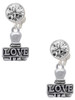 Silver Plated LOVE Stamp - Crystal Clip on Earrings: Color Choice - Red, Green, Blue, Purple, Pink, Clear, Black