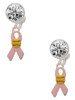 Silver Plated Pink Ribbon with Softball - Crystal Clip on Earrings: Color Choice - Red, Green, Blue, Purple, Pink, Clear, Black
