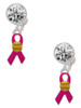 Silver Plated Hot Pink Ribbon with Softball - Crystal Clip on Earrings: Color Choice - Red, Green, Blue, Purple, Pink, Clear, Black