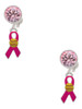 Silver Plated Hot Pink Ribbon with Softball - Crystal Clip on Earrings
