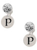 Silver Plated Disc Initial - p - Crystal Clip on Earrings