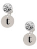 Silver Plated Disc Initial - t - Crystal Clip on Earrings: Color Choice - Red, Green, Blue, Purple, Pink, Clear, Black