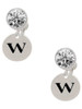 Silver Plated Disc Initial - w - Crystal Clip on Earrings: Color Choice - Red, Green, Blue, Purple, Pink, Clear, Black