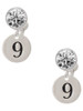 Silver Plated Disc Number - 9 - Crystal Clip on Earrings: Color Choice - Red, Green, Blue, Purple, Pink, Clear, Black