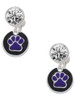 Silver Plated Purple Paw on Black Disc - Crystal Clip on Earrings: Color Choice - Red, Green, Blue, Purple, Pink, Clear, Black