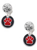 Silver Plated Red Paw on Black Disc - Crystal Clip on Earrings: Color Choice - Red, Green, Blue, Purple, Pink, Clear, Black