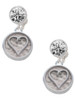 Silver Plated Heart Outline - Round Seal - Crystal Clip on Earrings: Color Choice - Red, Green, Blue, Purple, Pink, Clear, Black