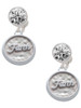 Silver Plated Faith - Round Seal - Crystal Clip on Earrings: Color Choice - Red, Green, Blue, Purple, Pink, Clear, Black