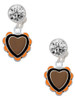 Silver Plated Brown & Black Heart with Orange Ruffles - Crystal Clip on Earrings: Color Choice - Red, Green, Blue, Purple, Pink, Clear, Black