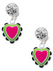 Silver Plated Hot Pink & Lime Green Heart with Black Ruffles - Crystal Clip on Earrings: Color Choice - Red, Green, Blue, Purple, Pink, Clear, Black