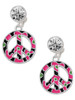 Silver Plated Large Hot Pink Cheetah Print Peace Sign - Crystal Clip on Earrings: Color Choice - Red, Green, Blue, Purple, Pink, Clear, Black