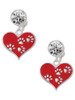 Silver Plated Red Enamel Heart with Paw Prints - Crystal Clip on Earrings: Color Choice - Red, Green, Blue, Purple, Pink, Clear, Black