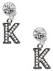 Black Nickeltone Crystal Initial - K - Beaded Border - Crystal Clip on Earrings: Color Choice - Red, Green, Blue, Purple, Pink, Clear, Black