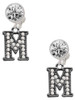 Black Nickeltone Crystal Initial - M - Beaded Border - Crystal Clip on Earrings: Color Choice - Red, Green, Blue, Purple, Pink, Clear, Black