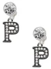 Black Nickeltone Crystal Initial - P - Beaded Border - Crystal Clip on Earrings: Color Choice - Red, Green, Blue, Purple, Pink, Clear, Black