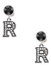 Black Nickeltone Crystal Initial - R - Beaded Border - Crystal Clip on Earrings
