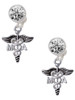 Silver Plated Caduceus - MA - Crystal Clip on Earrings: Color Choice - Red, Green, Blue, Purple, Pink, Clear, Black