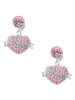 Silver Plated Believe Banner on Pink Crystal Heart - Crystal Clip on Earrings
