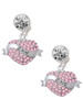 Silver Plated Love Banner on Pink Crystal Heart - Crystal Clip on Earrings: Color Choice - Red, Green, Blue, Purple, Pink, Clear, Black