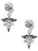 Silver Plated Caduceus - MD - Crystal Clip on Earrings: Color Choice - Red, Green, Blue, Purple, Pink, Clear, Black