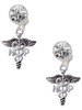 Silver Plated Nurse Caduceus - NP - Crystal Clip on Earrings: Color Choice - Red, Green, Blue, Purple, Pink, Clear, Black
