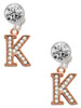 Rose Gold-tone Crystal Initial - K - Crystal Clip on Earrings: Color Choice - Red, Green, Blue, Purple, Pink, Clear, Black