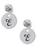 Silver Plated Large Script Letter Disc - E - Crystal Clip on Earrings: Color Choice - Red, Green, Blue, Purple, Pink, Clear, Black