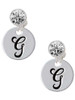 Silver Plated Large Script Letter Disc - G - Crystal Clip on Earrings