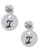 Silver Plated Large Script Letter Disc - I - Crystal Clip on Earrings: Color Choice - Red, Green, Blue, Purple, Pink, Clear, Black