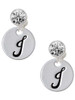 Silver Plated Large Script Letter Disc - J - Crystal Clip on Earrings: Color Choice - Red, Green, Blue, Purple, Pink, Clear, Black
