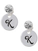 Silver Plated Large Script Letter Disc - K - Crystal Clip on Earrings: Color Choice - Red, Green, Blue, Purple, Pink, Clear, Black