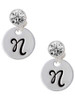 Silver Plated Large Script Letter Disc - N - Crystal Clip on Earrings: Color Choice - Red, Green, Blue, Purple, Pink, Clear, Black